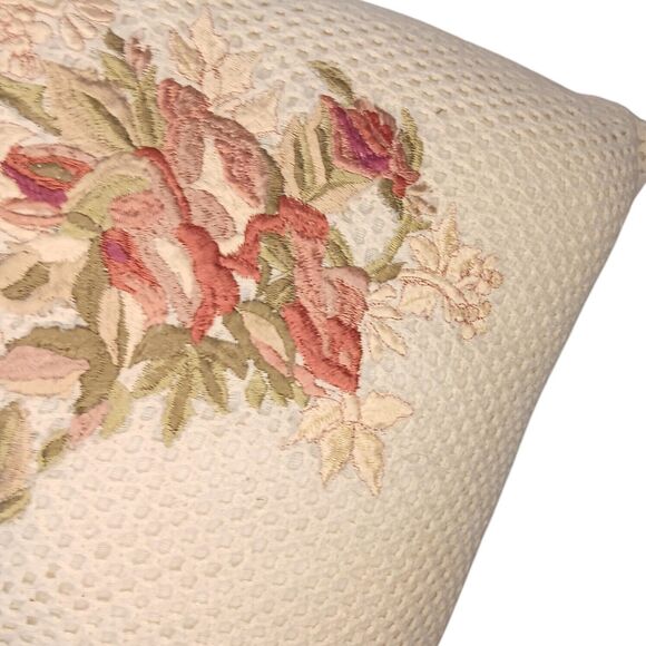 Floral Embroidered Pillow Cream Pink Rust Green Cottagecore Rectangle 15" X 12" - Picture 3 of 14